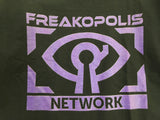 Freakopolis Network Logo printed on a black T-shirt